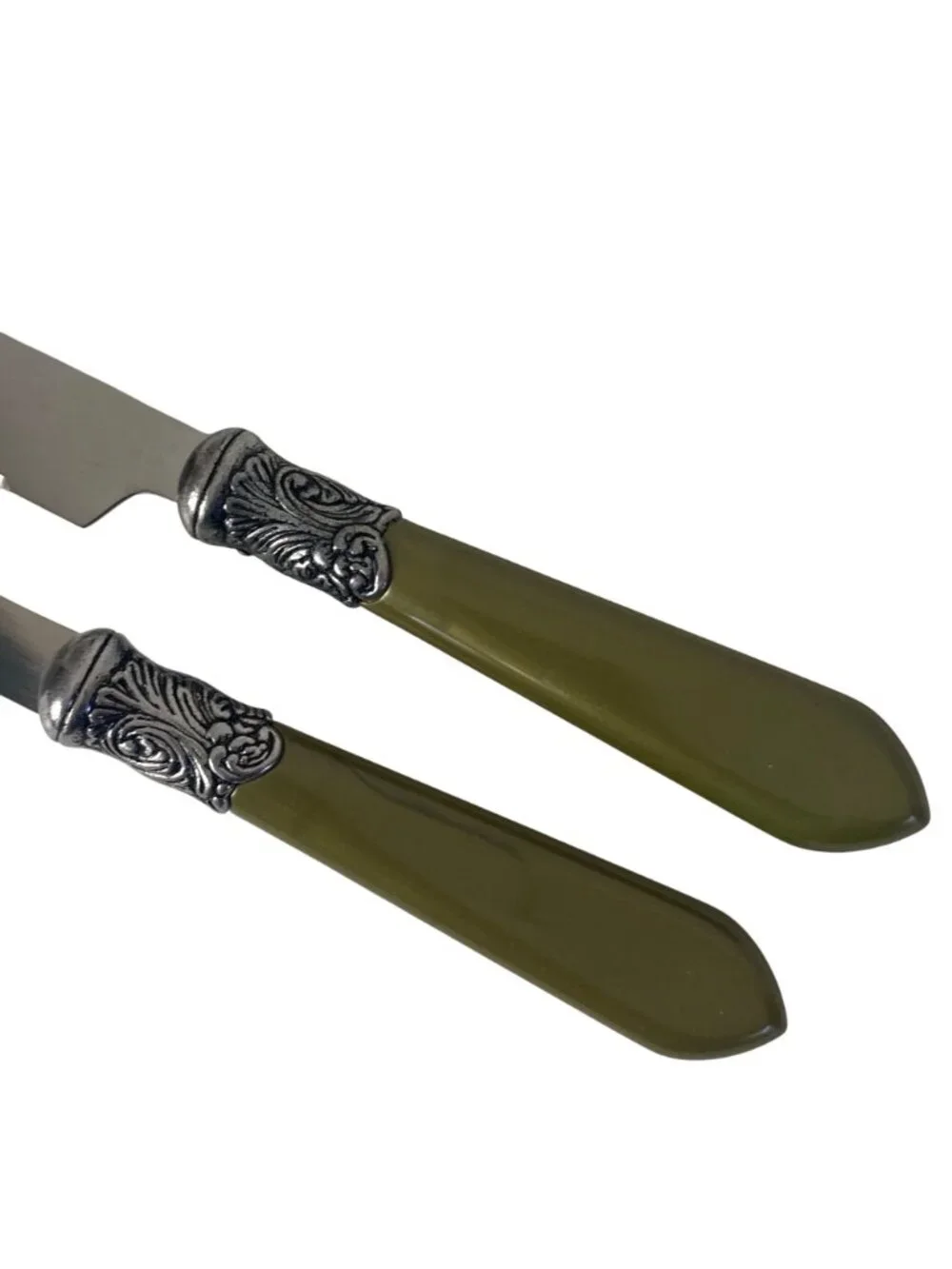 Vintage Le Baroque Carving Knife & Fork Set Green Handles Stainless Steel